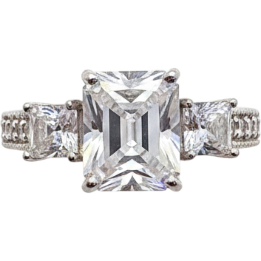Emerald Cut Three Stone Engagement Ring Silver Tone‎ Size 7.25